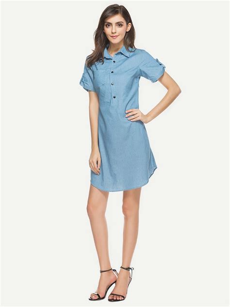 Curved Hem Chambray Shirt Dress Shein Sheinside