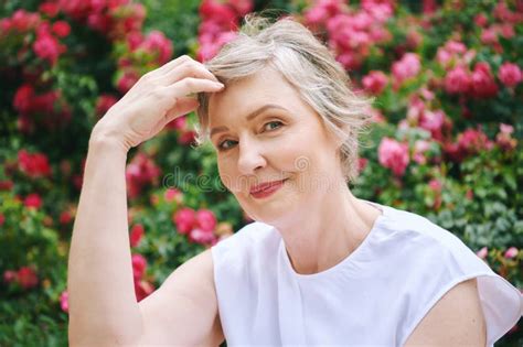 Outdoor Portrait Of Beautiful Mature Year Old Woman Stock Photo Image Of Pretty