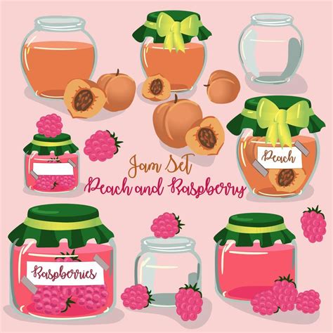 A Set Of Fruit Jams In Glass Jars In Cartoon Style Peach And Raspberry