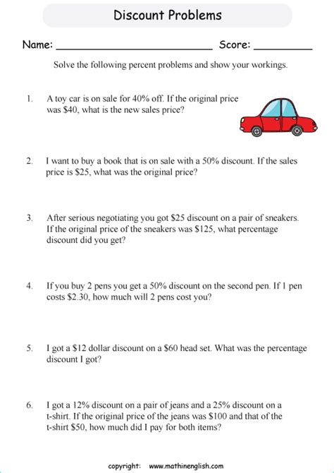 Percentage Worksheet For Grade 6 Math Involving Discount Problems What