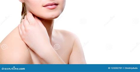 Portrait Of Girl With Nude Make Up With Hand On Neck Isolated Stock Image Image Of Happy