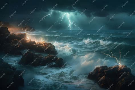 Premium AI Image | A lightning storm over a lighthouse with a lighthouse in the background.