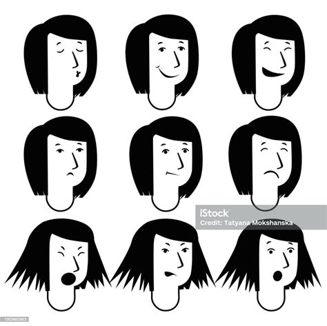 Schematic Female Facial Expressions Black And White Graphics Stock