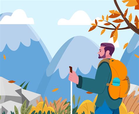 Man Hiking Explore Mountain On Fall Season Concept Vector Art