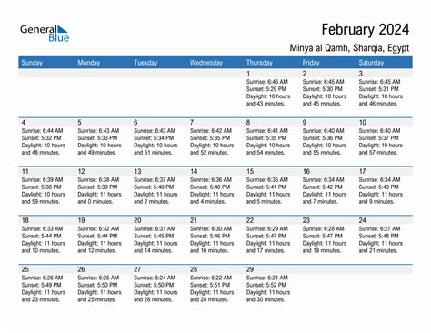 February 2024 Sunrise And Sunset Calendar For Minya Al Qamh PDF Excel