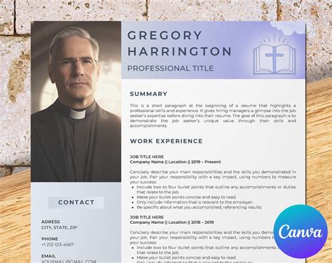 Pastor Resume Template For Canva Church Resume Religion Cv Chaplain