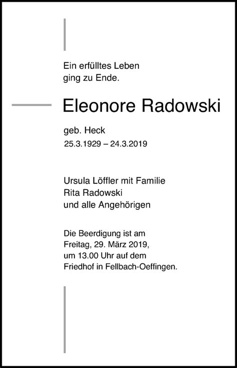 Traueranzeigen Von Eleonore Radowski Stuttgart Gedenkt De