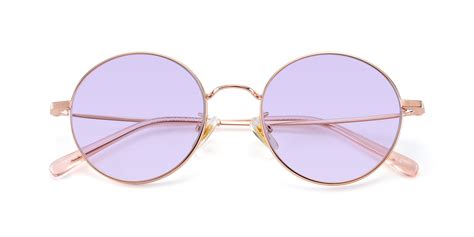 Rose Gold Thin Metal Round Tinted Sunglasses With Light Purple Sunwear