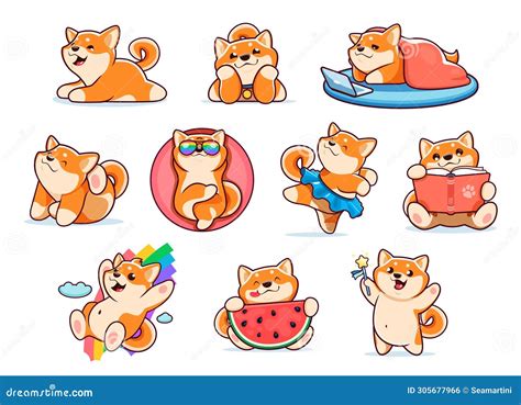 Cartoon Japanese Happy Shiba Inu Dog Characters Stock Illustration ...