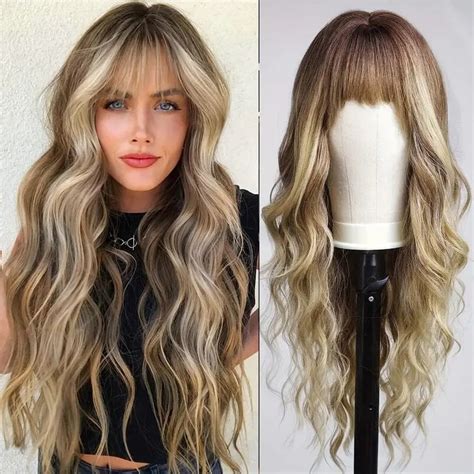 Ombre Blonde Wigs Bangs Blonde Highlight Long Wavy Wig Women Temu In