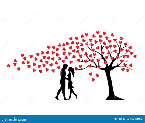 Couple Silhouettes Standing Near Love Tree Vector Man And Woman Silhouettes In Relationship