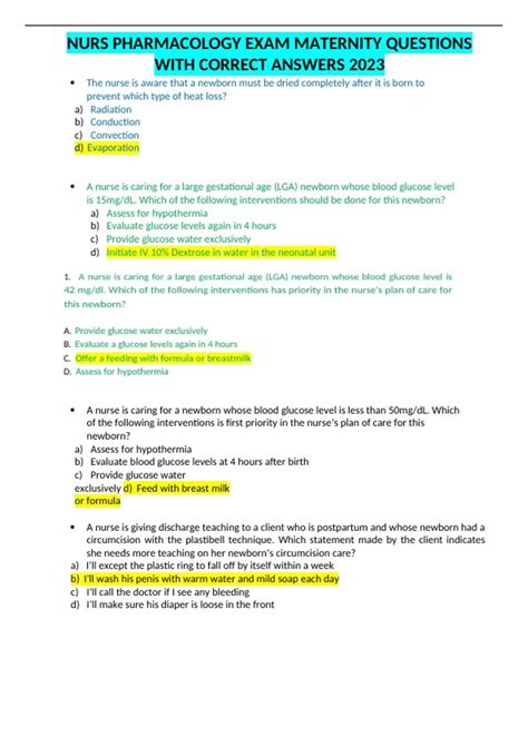 Nurs Pharmacology Exam Maternity Questions With Correct Answers