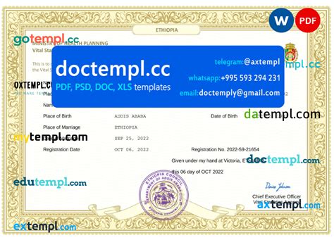 Ethiopia Marriage Certificate Word And Pdf Template Fully Editable