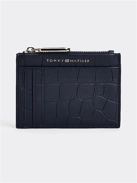 Croco Print Leather Turn Lock Card Holder Blue Tommy Hilfiger