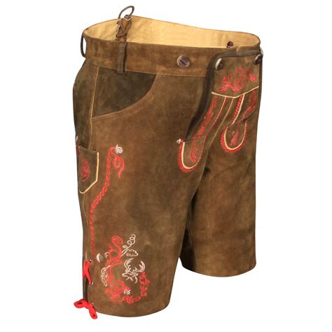 Traditional German Lederhosen Brown Red Lederhosen Wears