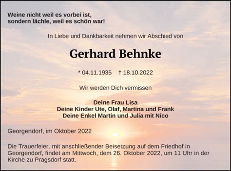 Traueranzeigen Von Gerhard Behnke Trauer Nordkurier