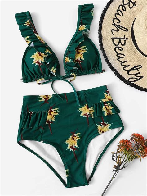 Random Floral Ruffle Top With High Waist Bikini Set Bikini Set High