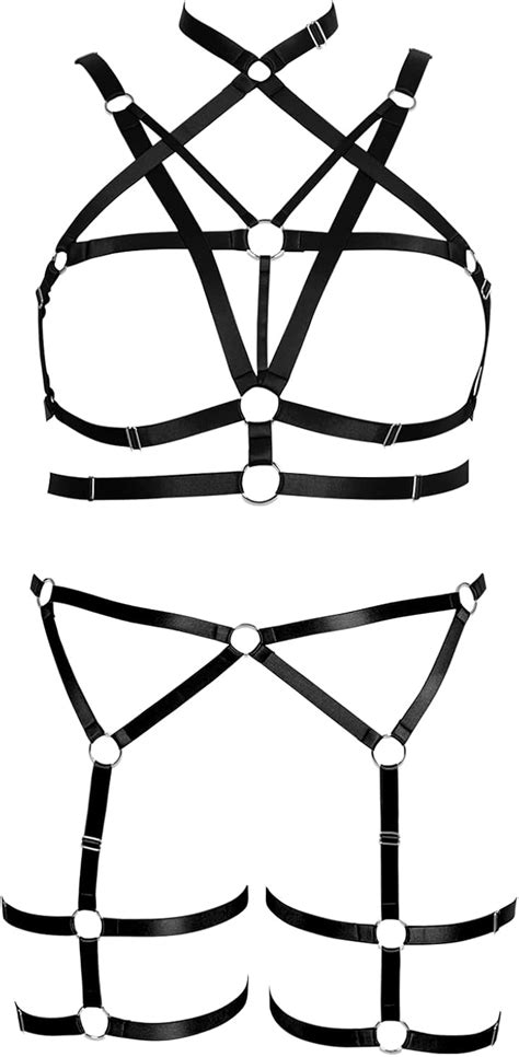 Banssgoth Women S Plus Size Harness Pentagram Lingerie Cage Set Full Body Bra Garter Punk Gothic