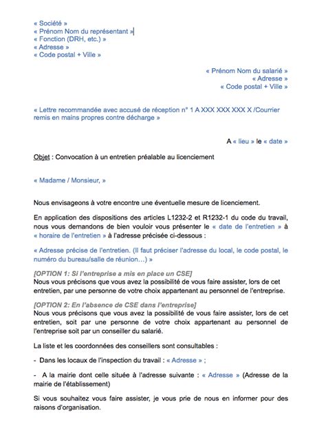 Lettre Convocation Entretien Pr Alable Mod Le Proc Dure