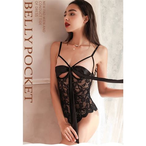 Jual Wanita Open Crotch Lingerie Sexy Lace Bodysuit Deep V Teddy One Piece Lace Babydoll A