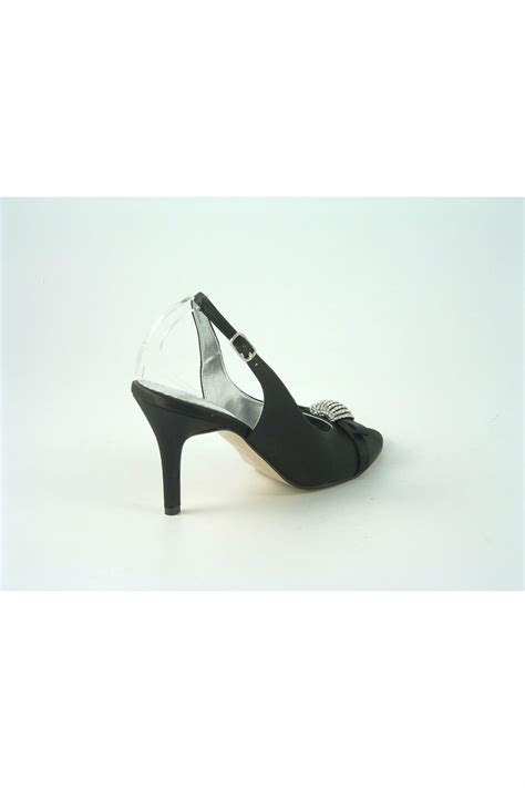 Glitz Shoes Diamante Black Satin Mid Heel Peep Toe Sling Goddiva