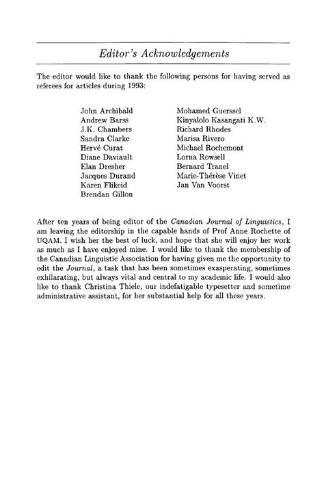 Editor Acknowledgements Canadian Journal Of Linguistics Revue