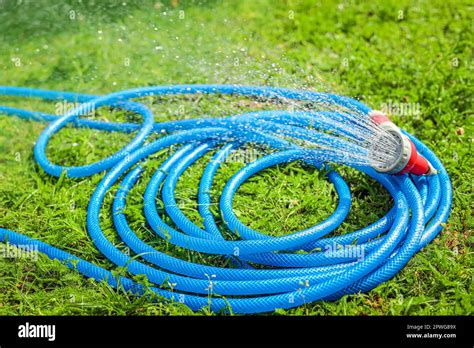 Water Spraying From Hose On Green Grass Outdoors Stock Photo Alamy