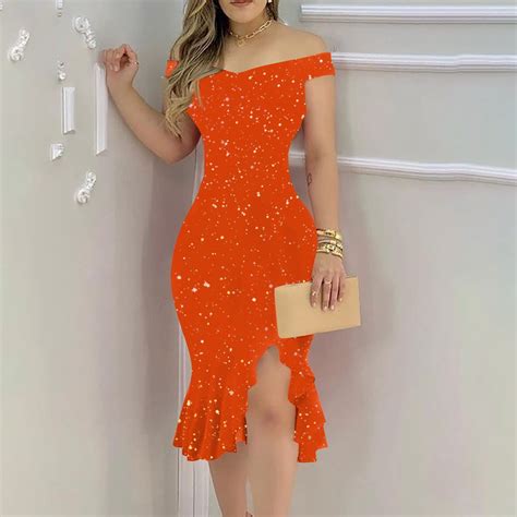 Tofotl Women S Fashion Sexy Summer Off Shoulder Short Sleeve Sequin Ruffle Irregular Dresses