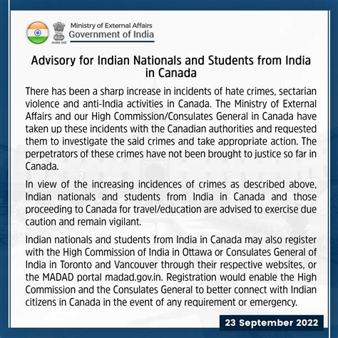 Ministry of External Affairs Advisory for Indian Nationals and Students from India in Canada : r ...