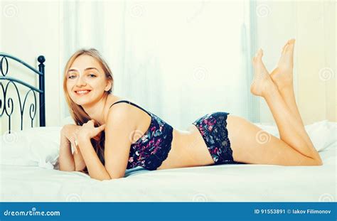 Portrait Of Happy Female Brunette In Lingerie Stock Image Image Of Glamour Bedroom