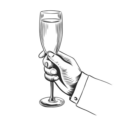 Male Hand Holding Glass Champagne Vintage Vector Engraving