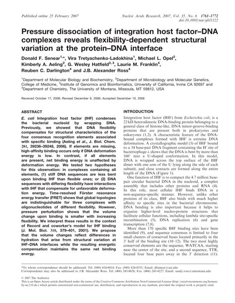 Pdf Pressure Dissociation Of Integration Host Factordna Complexes