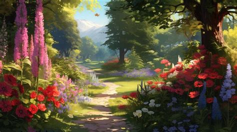 Premium Photo Painting Of Garden With Flowers And Trees