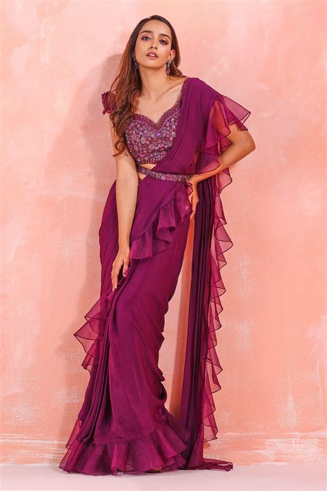 Buy Purple Silk Organza Embroidery Pre Draped Ruffle Saree With Blouse