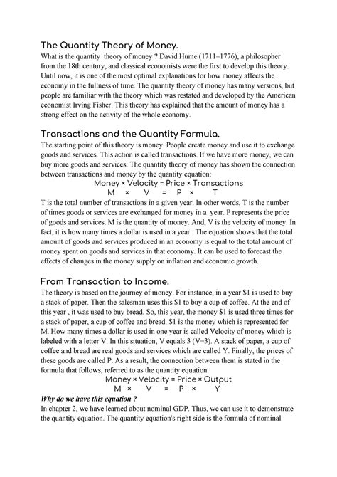 Macro Theory V1 The Quantity Theory Of Money What Is The Quantity Theory Of Money David Hume