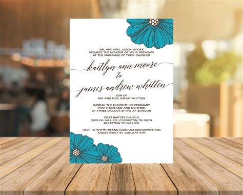 Teal Flowers Wedding Invitation | Southern Whimsical