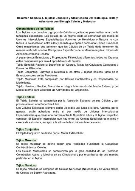 Resumen Capitulo De Histolog A Texto Y Atlas Color M Udocz