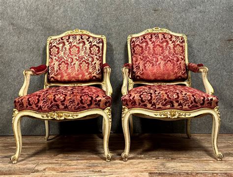 Proantic Paire De Fauteuils A La Reine Style Louis Xv En Bois Laqu