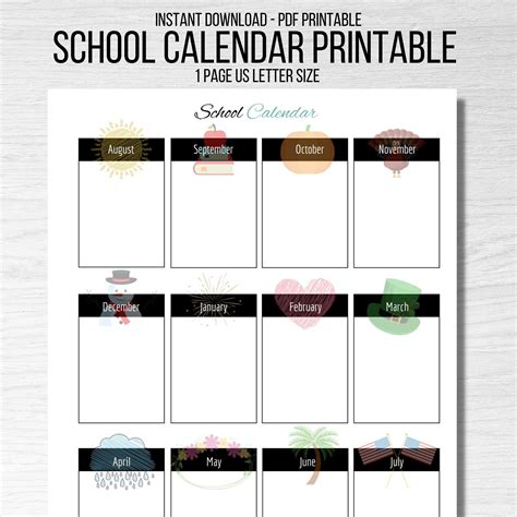 School Calendar Printable Instant Download & Editable PDF - Etsy