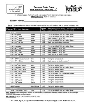 Fillable Online Costume Order Form Mid American Studio Fax Email