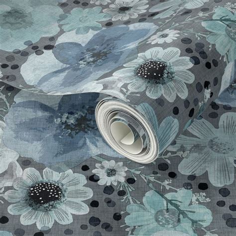 Hand Painted Floral Teal Blue- Dark Wallpaper | Spoonflower