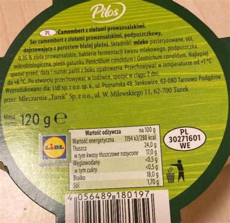 Сыр камамбер Camembert Ziolowy Pilos - калорийность, пищевая ценность ⋙ ...