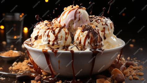 Homemade Ice Cream Sundae With Chocolate Sauce And Almond Generated By Artificial Intelligence