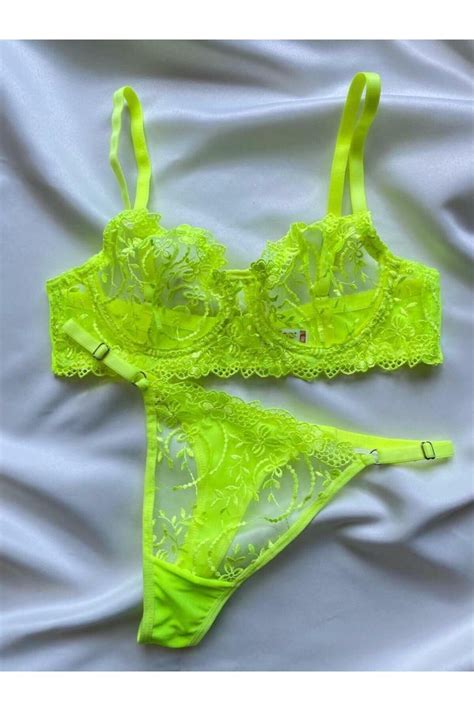 ARONA Neon Sarı Yeşil Balenli Tül Brode Sütyen Bralet Tanga Iç Çamaşırı Takım Lingerie Haven