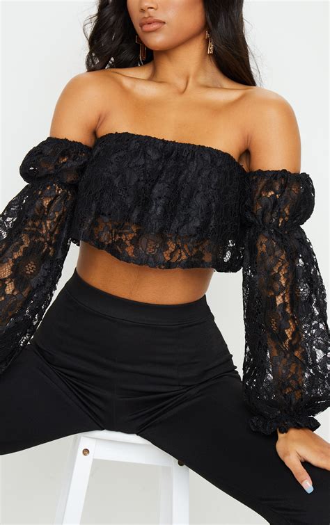 Black Lace Bardot Balloon Sleeve Crop Top Prettylittlething