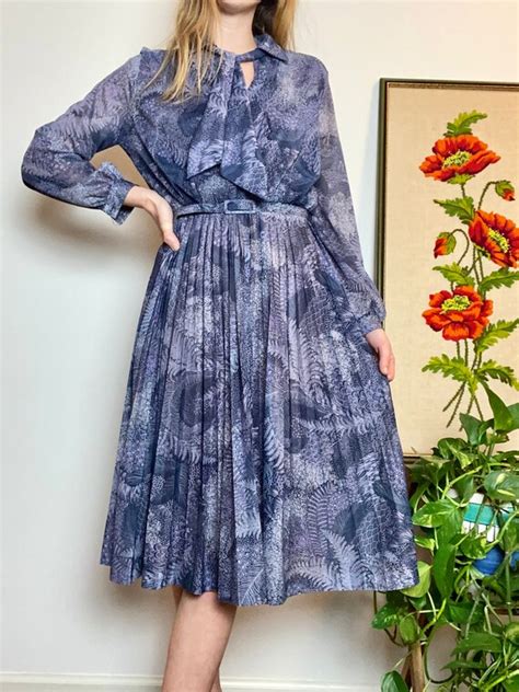 1970s Navy Blue Accordion Pleat Pussy Bow Dress Gem