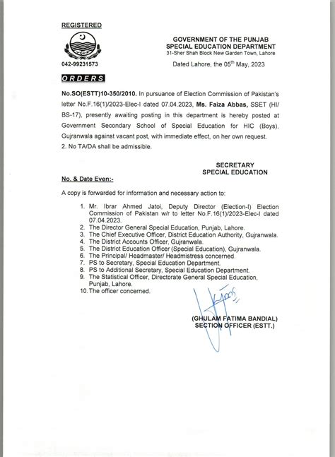 Posting Order Special Education Department