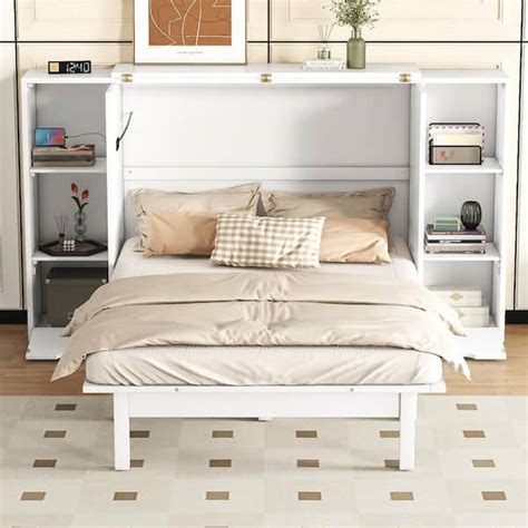 Harper Bright Designs White Wood Frame Queen Size Murphy Bed With USB