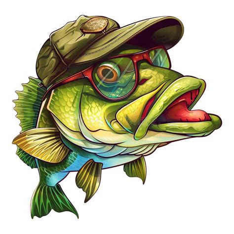 Funny Bass Fish Wearing Cap And Sunglasses In Style Of Watercolor