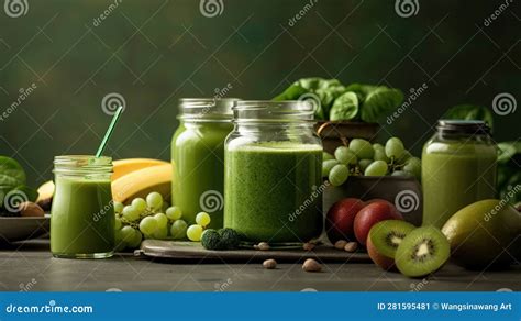 Glass Jar Mugs With Green Health Smoothie Generative Ai Stock Image